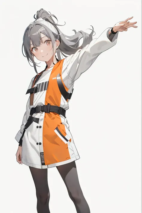 【Highest Quality, masutepiece】 [girl, Manteau, expressioness,deep orange eyes, front facing,dark brown hair,long ponytail hair Happy, Upper body] (Gray white background:1.7),smile,