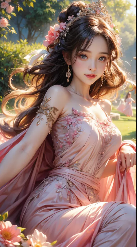 The Girl&#39;eyes were shining with joy, her lips were slightly curved，show a gentle smile. The sun casts a warm golden light on her face, Enhance her beauty. The color of the flowers is、From bright pink and purple、Variety of soft pastel colors。, Create ha...