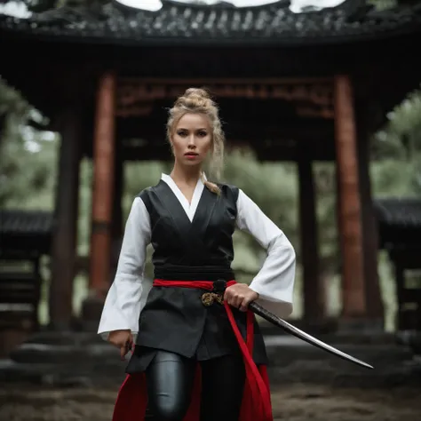 Super high quality editorial high fashion photos top quality,
hyperphotorealistic,

Night. 
Dark storm clouds.
Pouring rain. 
Brigitte Bardot, 18 years old with blonde ponytail "Samly" Female samurai wearing a high-cut gray latex leotard、puffy shoulder pad...