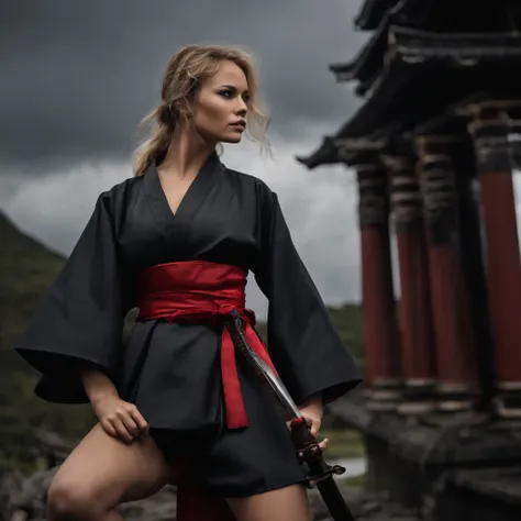 Super high quality editorial high fashion photos top quality,
hyperphotorealistic,

Night. 
Dark storm clouds.
Pouring rain. 
Brigitte Bardot, 18 years old with blonde ponytail "Samly" Female samurai wearing a high-cut gray latex leotard、puffy shoulder pad...