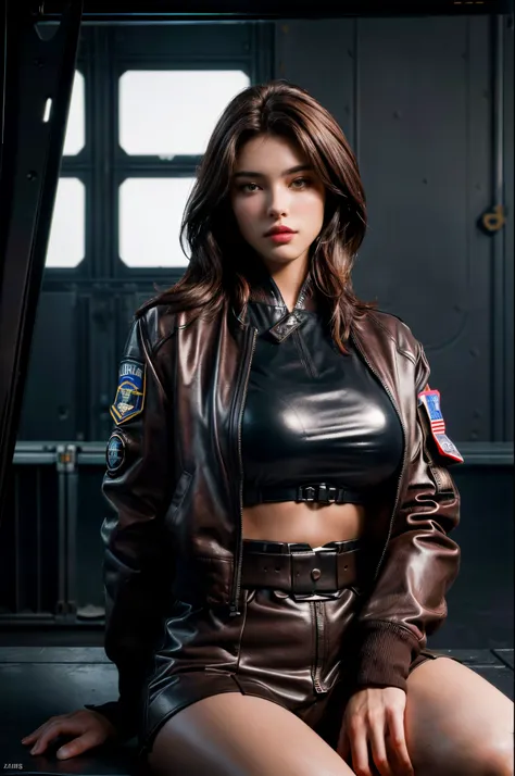 photorealistic full body portrait of stunning, sly female pilot in a hangar, old leather uniform, bomber jacket, crop top, big b...