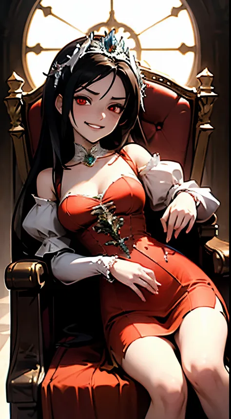 perverted man possessed garnet, glowing red eyes, seductive grin, horror ambience, dark, wearing royalty queens attire, sitting ...