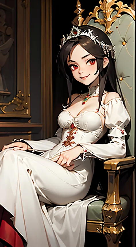 Perverted man Possessed Garnet, glowing red eyes, seductive grin, horror ambience, dark, wearing royalty queens attire, sitting on a throne, seductively, menacing throne room