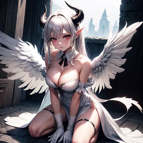 masterpiece, best quality, highres, al1, demon horns, slit pupils, white gloves, white dress, bare shoulders, detached collar, cleavage, black wings, feathered wings, low wings, cowboy shot, outdoors, sitting, kneeling, filed