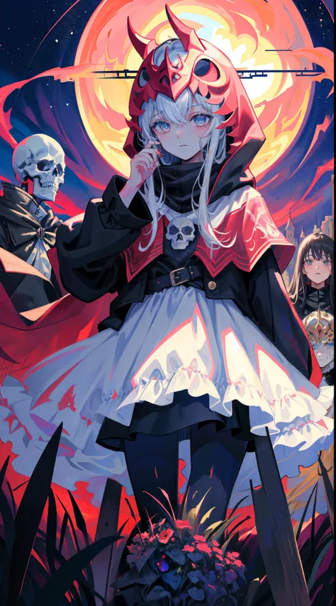 ((tmasterpiece, Best quality at best, illustratio)), chaos theme, horror theme, one-girl, covering eyes, masks, skull, Headgear, Skeleton armor, Skull print, Armor dress, floating shawl, Jacket taken off, Alone, many plantings_The sword, 废墟, mostly cloudy ...