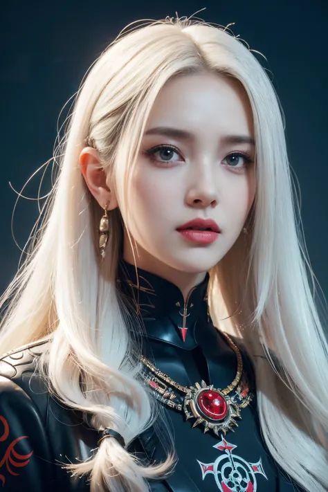 portrait of a beautiful girl with wavy white hair, wearing a formal black dress with metal parts, red eyes, monograms in the bac...