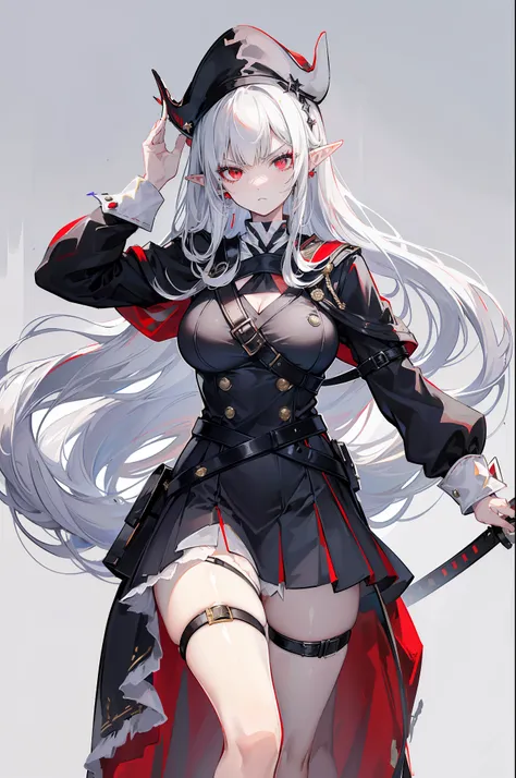 (masutepiece), Best Quality, Expressive eyes, Perfect face, Sharp eyes, 1girl in, Solo, medium height, young adult, Young Woman, huge tit, (Long hair, White hair, side locks, Bangs, Wavy Hair), (Red Eyes, glare of death, Serious, Menacing, aura leadership,...