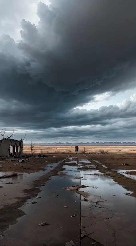 You are standing on a vast and barren land。The sky is shrouded in dark clouds，Not a trace of sunlight penetrates，Adds a gloomy atmosphere to the whole scene。The land is dry and cracked，The grass and trees withered，a barren scene。Your back looks lonely and ...