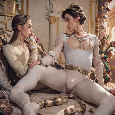 (8k, photo, best quality, masterpiece, dynamic, erotic, homoerotic, beautiful eyes, ballet tights, crotch bulge, ballet style:1.5), (2 androgynous males, prince dominates rat king, nutcracker ballet:1.65)