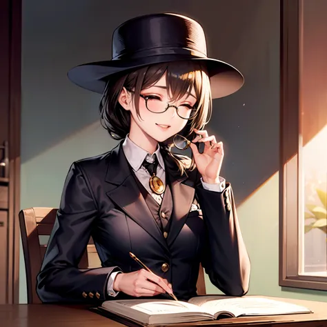 of a guy，Alone，eye glass，tidy hair，Hat，monocle，Brown suit，squinting glasses，closing her eyes，ssmile