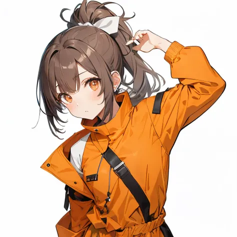 【Highest Quality, masutepiece】 [girl, Manteau, expressioness,deep orange eyes, front facing,dark brown hair,long ponytail hair Happy, Upper body] (Gray white background:1.2),