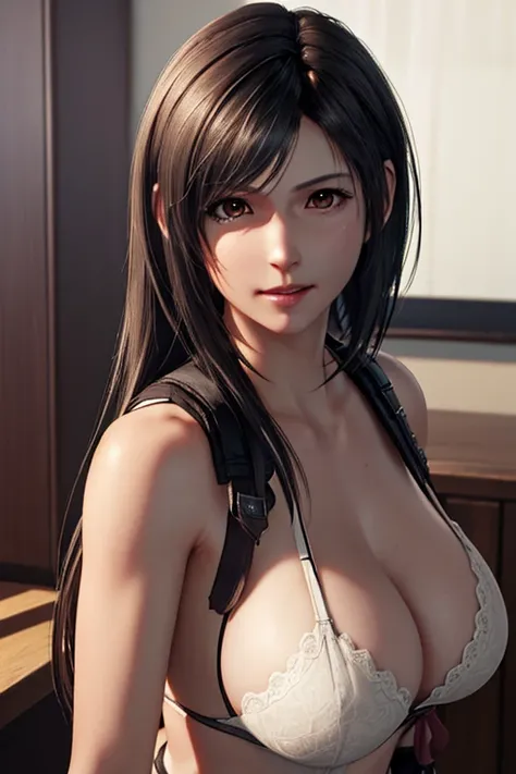 Best Quality,masutepiece,Realistic,1girl in,Hair Ornament,Tindall Effect,Photorealistic,8K UHD,High quality,photograph,High resolution,4K,8K,Looking at Viewer,Large breasts,raw,Real Gravure，tifa，Final Fantasy style