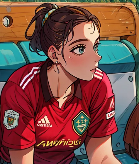 there is a woman sitting in a bench sideline arena wearing a soccer jersey , simona sbaffi is the captain, estefania villegas burgos, valentina remenar, carola rubio, malika favre, magalie villeneuve, close portrait, lina, sanja stikovic, laura sava, carol...