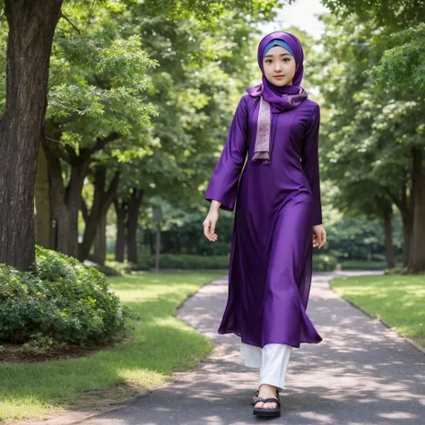 17 year old, Saori Minami, ( Ran Mouri 1.3), girl with a dark purple baju kurung, baju kurung clothing,wearing hijab scarf, eid, eid al-fitr, masterpiece, 4k hd, 8k hd