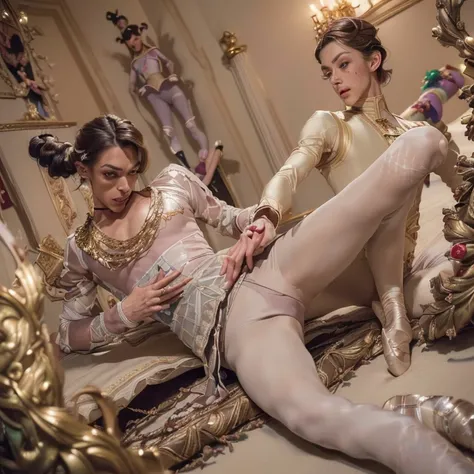 (8k, photo, best quality, masterpiece, dynamic, erotic, homoerotic, beautiful eyes, ballet tights, crotch bulge, royal ballet style:1.5), (2 androgynous males, prince disgraces rat king, nutcracker ballet:1.65)