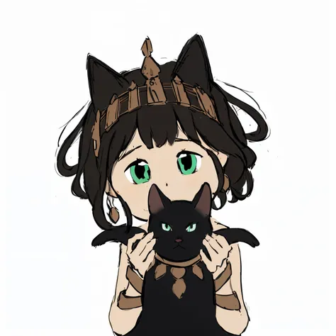 Dark brown hair little girl，Wearing gold headdress and hand jewelry，Girl holding a black cat，tmasterpiece