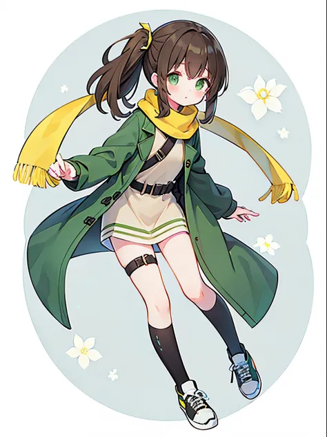 A teenage girl，brown side ponytail，Green-eyed，Yellow scarf，Dark green trench coat，punky style，girl，hand holding old camera📷，Small white flowers，Full body lesbian，athletic sneakers，blackstockings，punky style，〈White background 1::5〉，face expressionless，（（（Br...