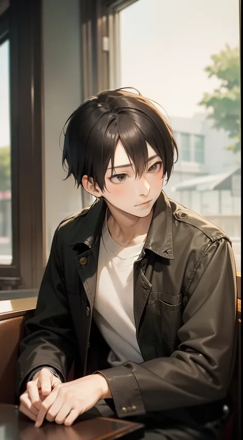 masutepiece, beautiful one boy, sitting in a window seat in a café, delicately rendered background and face