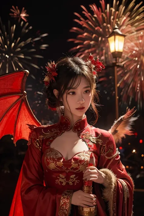 Dragon Angel with Broken Wings，intricate detailed clothes，Red is very festive，Has a warming effect，Furry cuffs，There are fireworks behind，Holding a lantern in hand，It can be seen all over the body