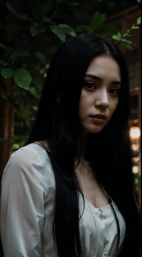 The image of a woman with a pale white face, clear details of a Malay face, long flowing black hair and an empty gaze wearing a white dress, is standing among trees in the dark of night, creating a scary atmosphere.  in the evening.