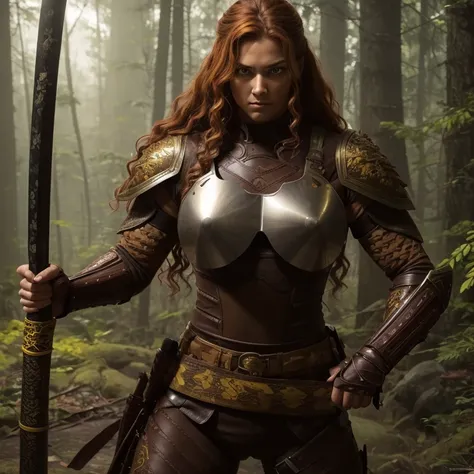 big Muscular realistic full body brown leather armor savage warrior woman. Muscular. Big round yellow eyes. sweet face. Athletic. Wavy red hair, extremely detailed big yellow round hawk eyes, golden eyes, amber eyes, huge breasts, and muscular body. Holds ...