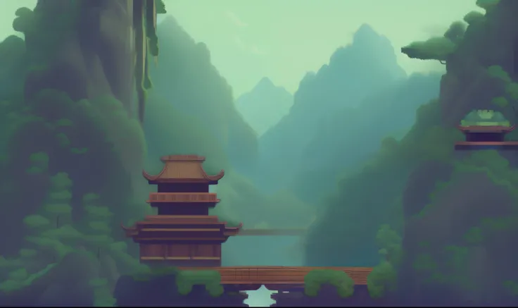 Pixel art video game cover art：with mountains in the distance, pixelart style。Chinese Ancient Architecture。swordsmen，Xianxia。zen feeling。There are bamboo forests。