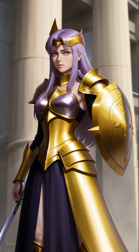 Athena appearing in Saint Seiya、Wearing the Golden Cloth，Hold your sword and shield in front of the building., armor girl,  Detailed Digital Anime Art, Paladin, Purple hair, Purple eyes, 18year old