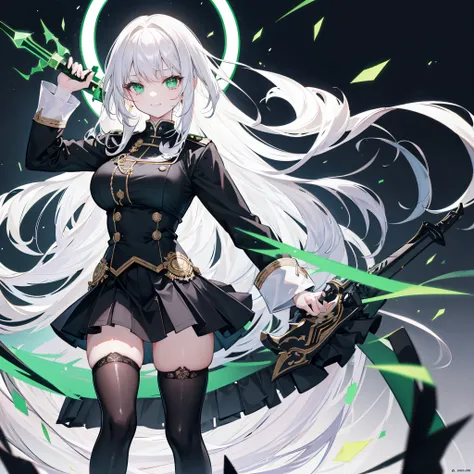 White hair, green eyes, long hair, beautiful female, smile, black uniform, intricate skirt, black skirt, black knee socks up to thighs, sword in right hand