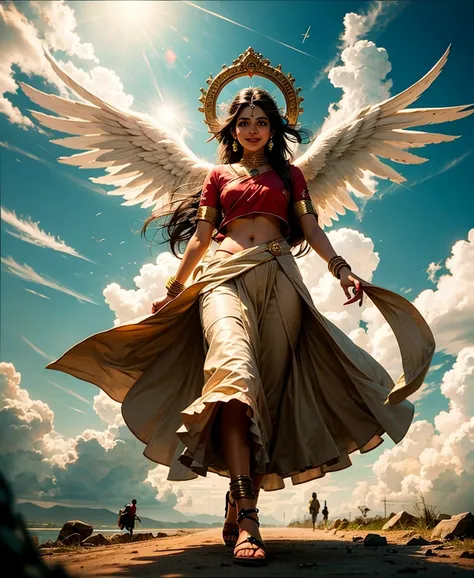 Generate a realistic indian girl walking on a cloud like an angel holding a placard "Thank you for wishing Ram on his birthday ".  It has to be a low light image with clear features of the smiling girl