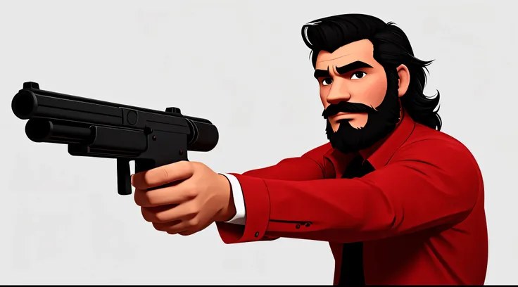 1 man solo, solo.he has a short black beard and he has black flowing hair. wearing red. holding gun at camera. white background