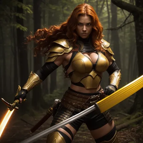 big Muscular realistic full body armor savage warrior woman. Muscular. Big round yellow eyes. sweet face. Athletic. Wavy red hair, extremely detailed big yellow round hawk eyes, golden eyes, amber eyes, big breasts, and muscular body. Holds in hand an enti...