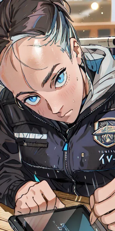 very beautiful woman deep blue eyes in black jacket writing on a tablet with a pencil, simona sbaffi is the captain, in detail, caroline gariba, mina petrovic, deep in thought, tired half closed, tifa lockaert, sanja stikovic, magalie villeneuve, giorgia m...