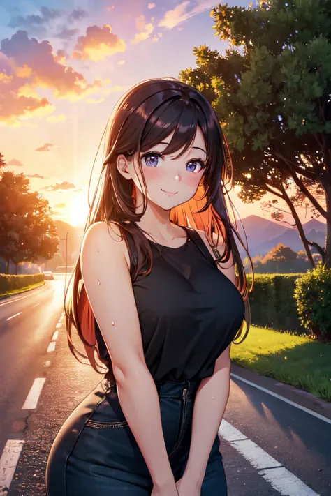 (High quality, High resolution, Fine details), Realistic, sunset backlighting, straight road, gorgeous colors, vibrant sky colors, vivid orange and pink hues, serene horizon, fading daylight, road stretching towards the horizon, lush greenery along the roa...