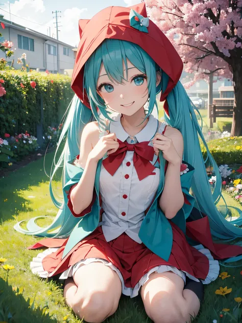 miku hatsune,10yaers old,little red riding hood play party,A sly smile,Flower Garden,(hachikuji mayoi)