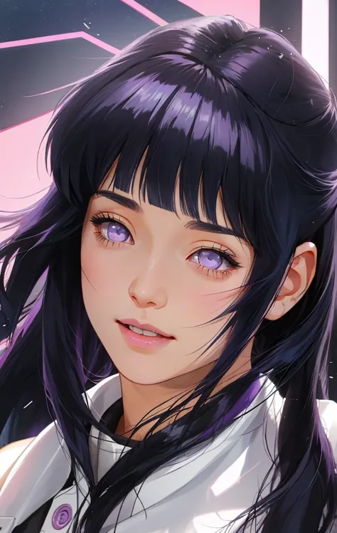 a girl with long blue hair and a gray shirt, hinata hyuga, hinata hyuga from naruto, she has black hair with blunt bangs, realistic, with long dark hair, from naruto, blunt bangs, purple eyes, pink lips, (realistic hair:1.3), (long hair:1.3), (light smile:...