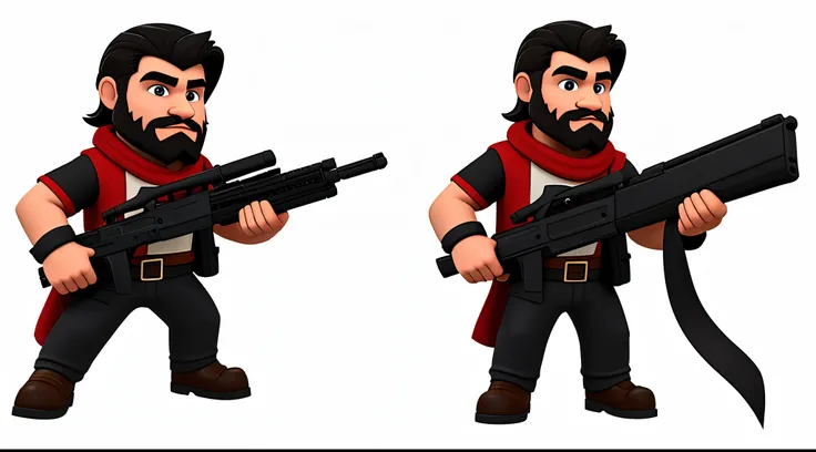 1 caucasian Man solo, solo.he has a short black beard and he has black flowing hair. Wearing red. holding gun at camera. white background