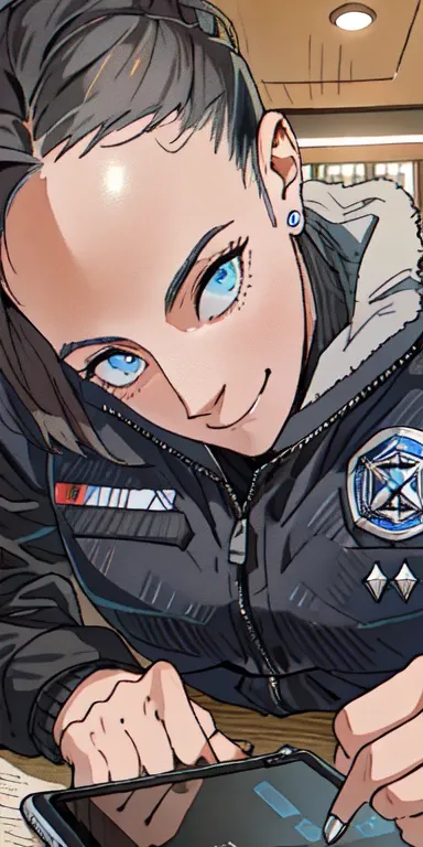 very beautiful woman smiling deep blue eyes in black jacket writing on a tablet with a pencil, simona sbaffi is the captain, in detail, caroline gariba, mina petrovic, deep in thought, tired half closed, tifa lockaert, sanja stikovic, magalie villeneuve, g...