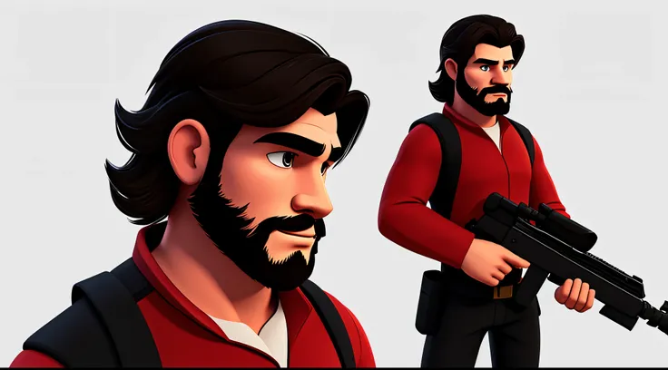 1 caucasian man solo, solo.he has a short black beard and he has black flowing hair. wearing red. holding sci-fi rifle. white ba...