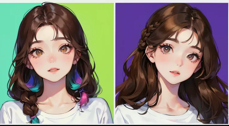 (((1人の女性)))、(Top resolution、Distinct_image) best qualtiy、(((Pop)))、1990s、((colorful backdrop))、((illuminating))、ighly detailed、Semi-realistic、Brown hair、((makeups)),Braided hairstyle、A smile、bangss、20yr old、年轻、((tshirts))、delicated facial features、Facial f...