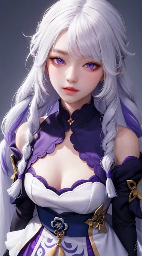 long white hair, two braids, purple eyes, white, soft skin, blue and purple clothes, genshin impact.