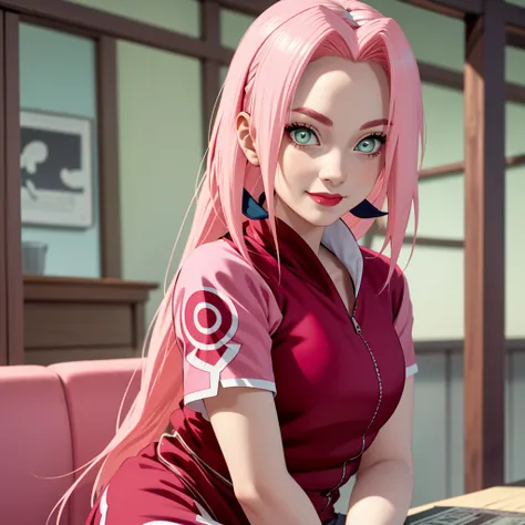 young woman, porcelain skin, short bubblegum pink hair, big red lips, big green eyes, pink eyebrows, smile, looking at camera, red clothes, Sakura Haruno, 3d, realism