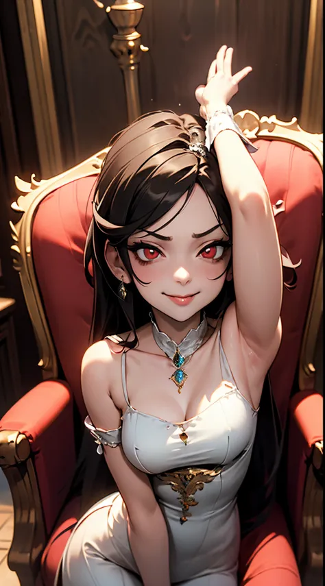 Perverted man Possessed Garnet, glowing red eyes, smirk, tongue sticking out, horror ambience, dark, wearing white royalty queens attire, seductively, menacing throne room, hands behind head, armpit