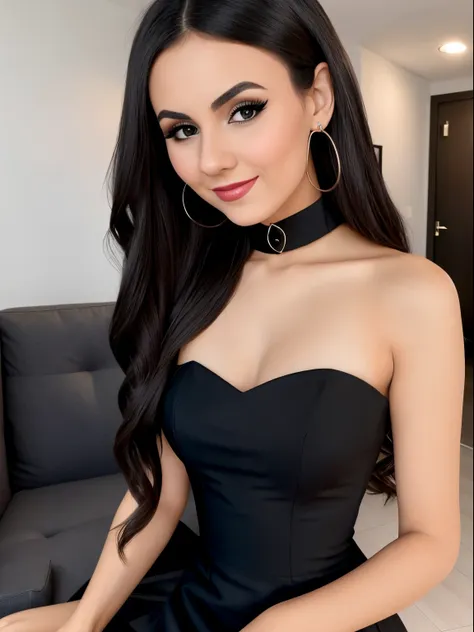 a woman in a black dress posing for a picture, gorgeous attractive face, attractive beautiful face, very attractive and beautifu...