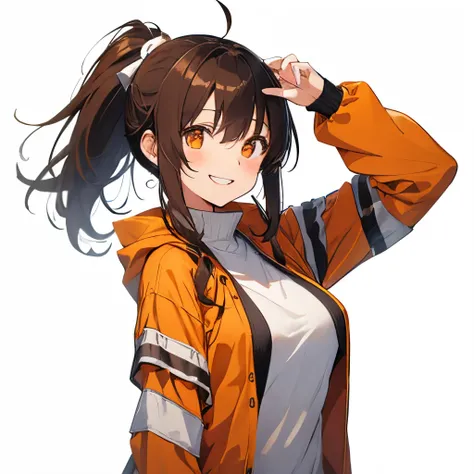 【Highest Quality, masutepiece】 [girl, Manteau, expressioness,deep orange eyes, front facing,dark brown hair,long ponytail hair,yellow knit cloth, Happy, Upper body] (Gray white background:1.2),very happy smile,boobs,