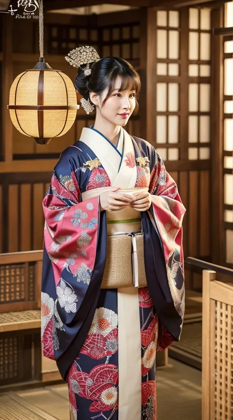 Best Quality, masutepiece, 超A high resolution, (Photorealistic:1.4), Raw photo, One bewitching woman, age 40s,Kimono beauty with a crane pattern, gros-plan, Looking at Viewer, castle town, Long, Hair Ornament,Beautiful photos,is beautiful,fullbody image,