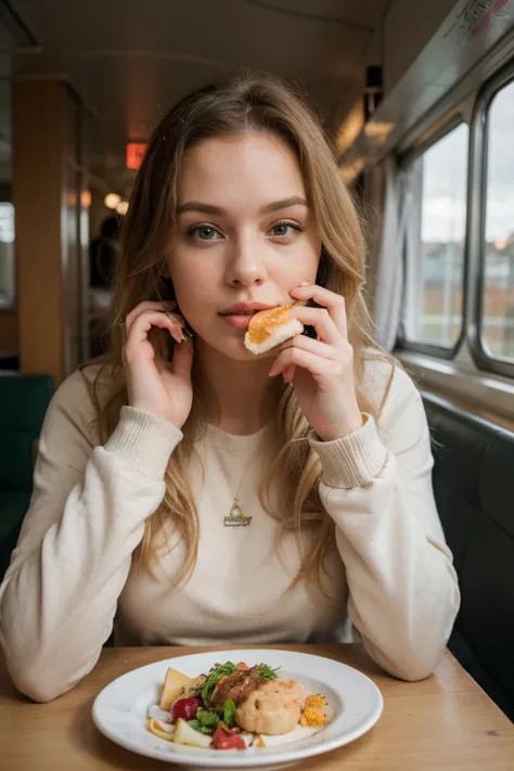 Light blonde Swedish woman wearing a red pullover, which is very soft, eating diner in a train compartment