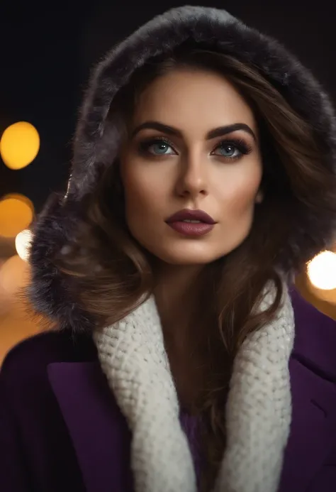 Woman in winter city outfit, Sexy girl with dark brown eyes, Portrait, Portrait de Corinna Kopf, brown hair, big eyes, selfie of a young woman, Les yeux dans le club Violet Myers, ohne Maquillage, maquillage naturel, Look directly into the camera, Visage a...