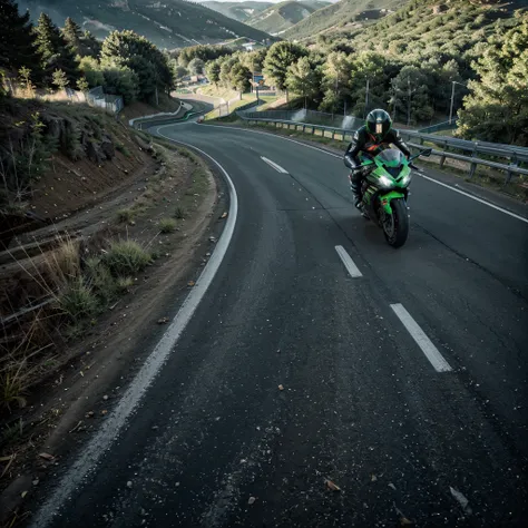 Kawasaki Ninja ZX-6R is first place in a race on a mountain road