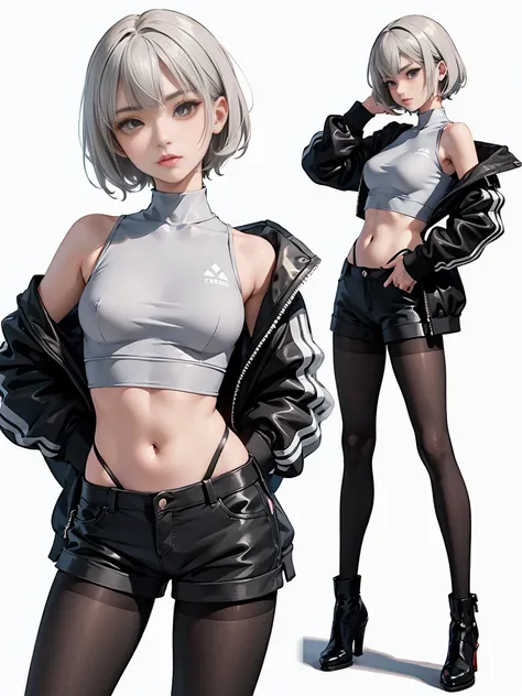 1girl, 2d, anime style, skinny body, Anime girl wearing crop top with jacket, pantyhose, kneels, light grey short hair, pose picture of her sexy pose, highly detailed, 8k, character sheet, white background, best quality, from behind, open anus