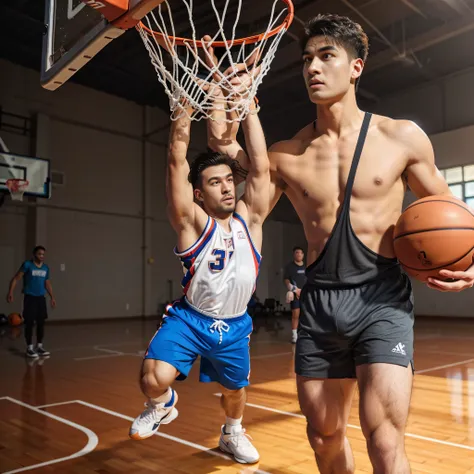 two men playing basketball in a gym with a basketball net, Playing basketball, Dunking, sportcar, High, Handsome, athletic fashion photography, basketball, In a basketball jersey, Physical sports, Fei Danxu, wearing a tank top and shorts, dribble contest w...